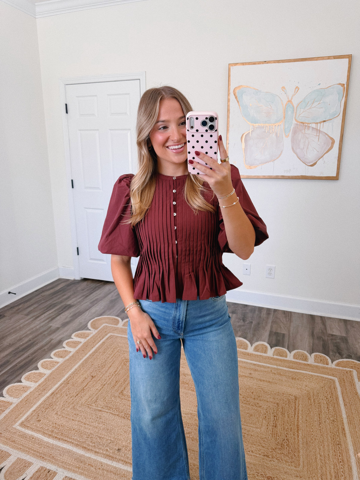 Burgundy Pleated Peplum Blouse