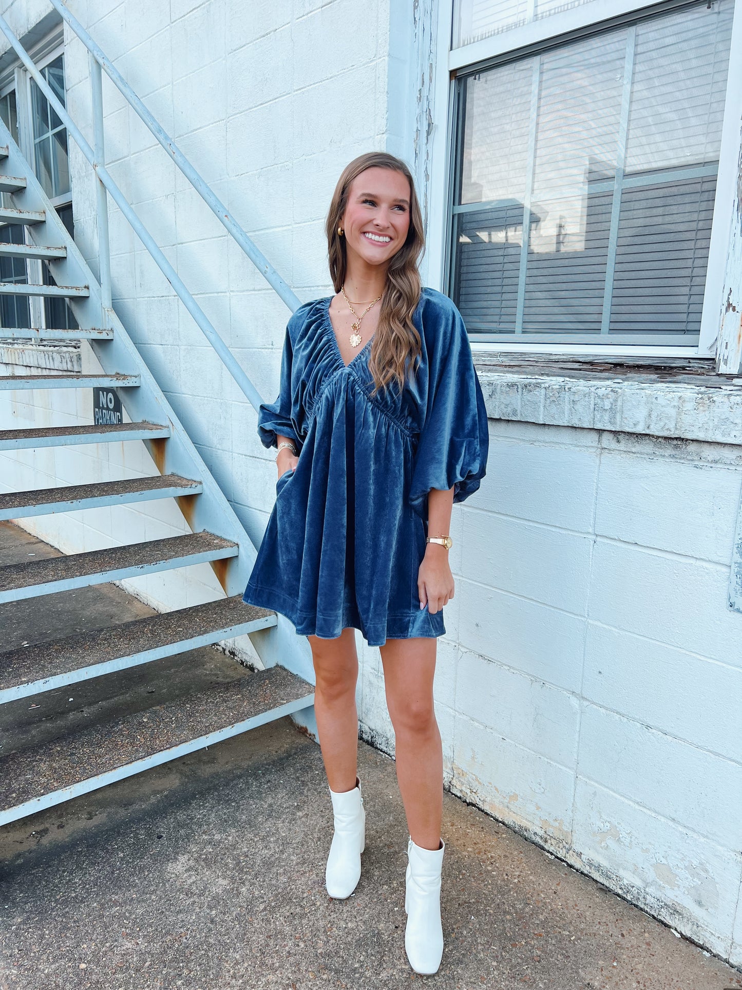 Velvet V-Neck Dress in Slate