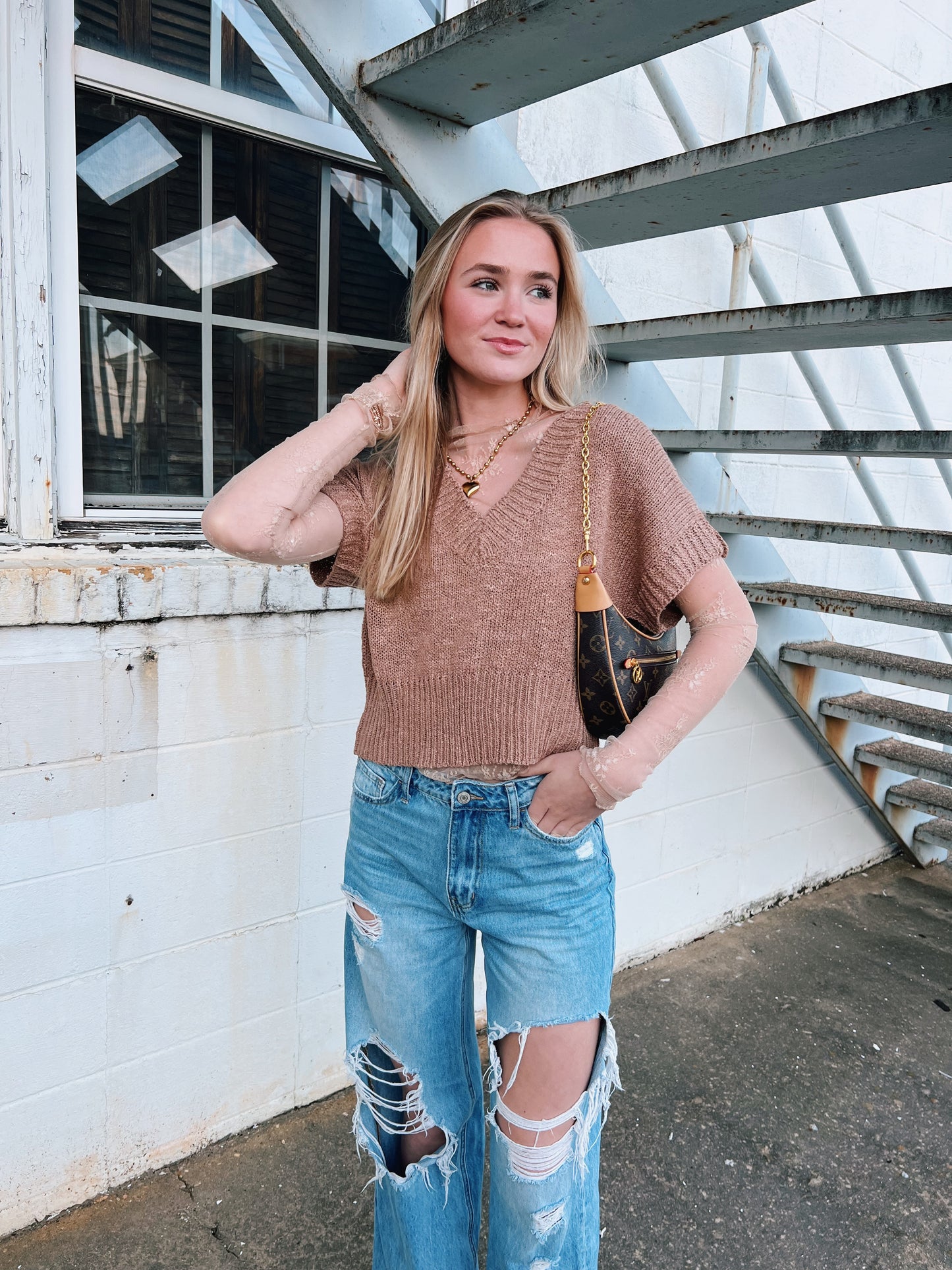 Lacy Long Sleeve Top in Taupe