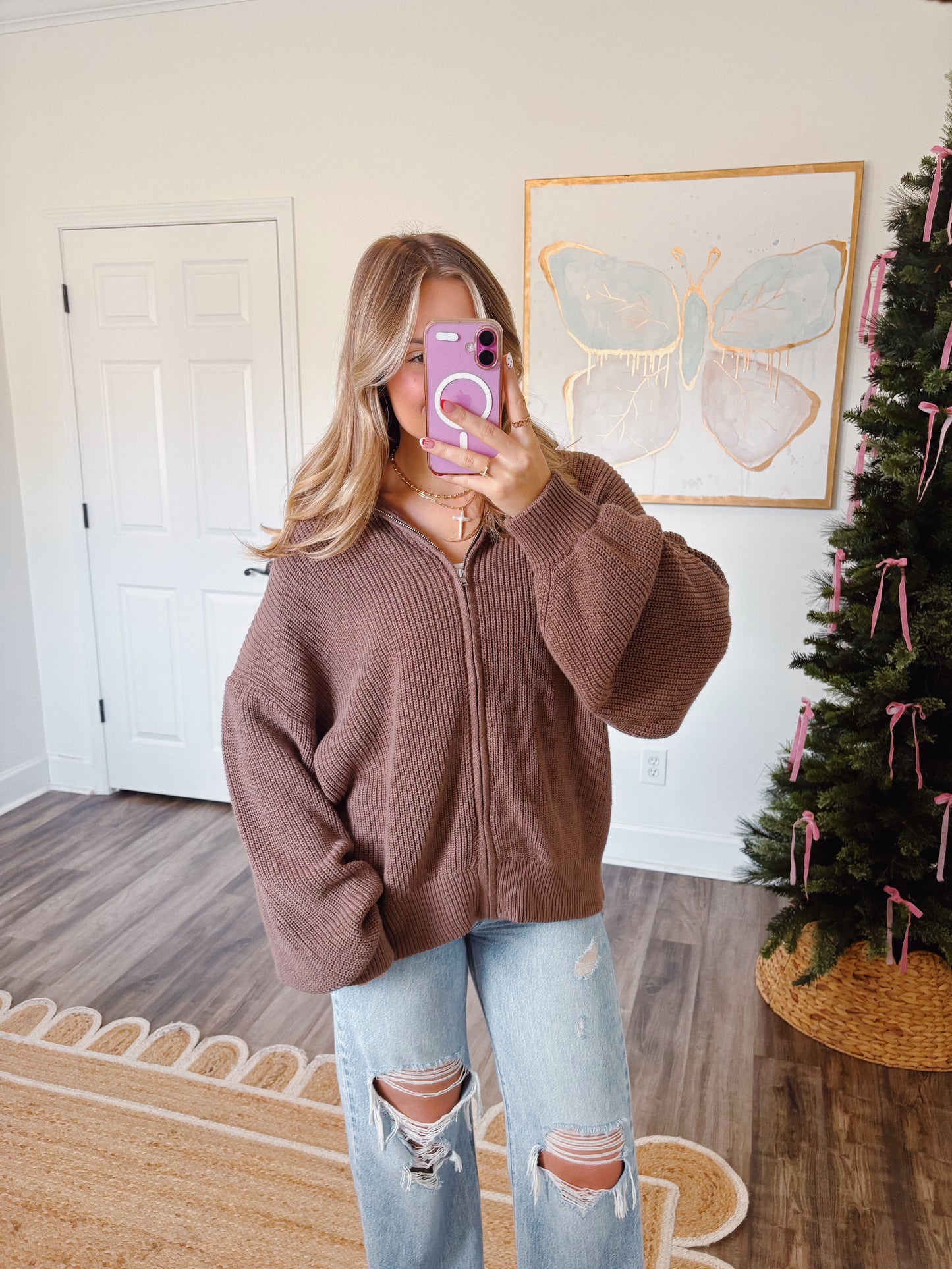 Brown Oversized Zip Up Sweater