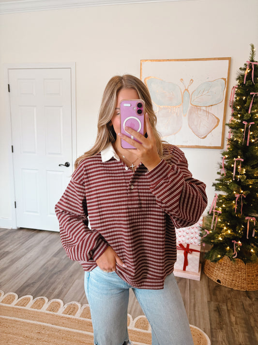 Burgundy Striped Polo Top