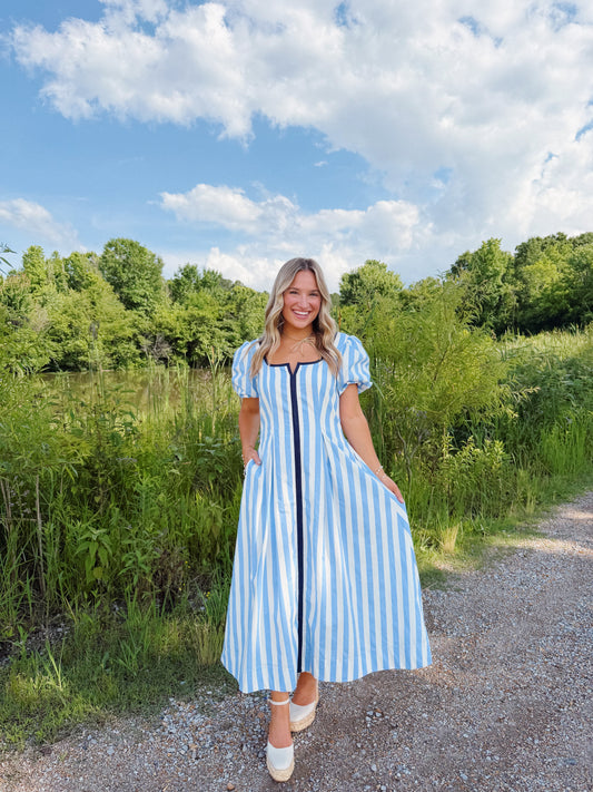 The Annie Stripe Midi in Blue