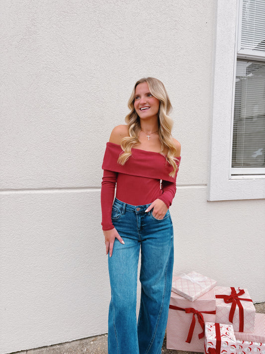 Crimson Off The Shoulder Bodysuit
