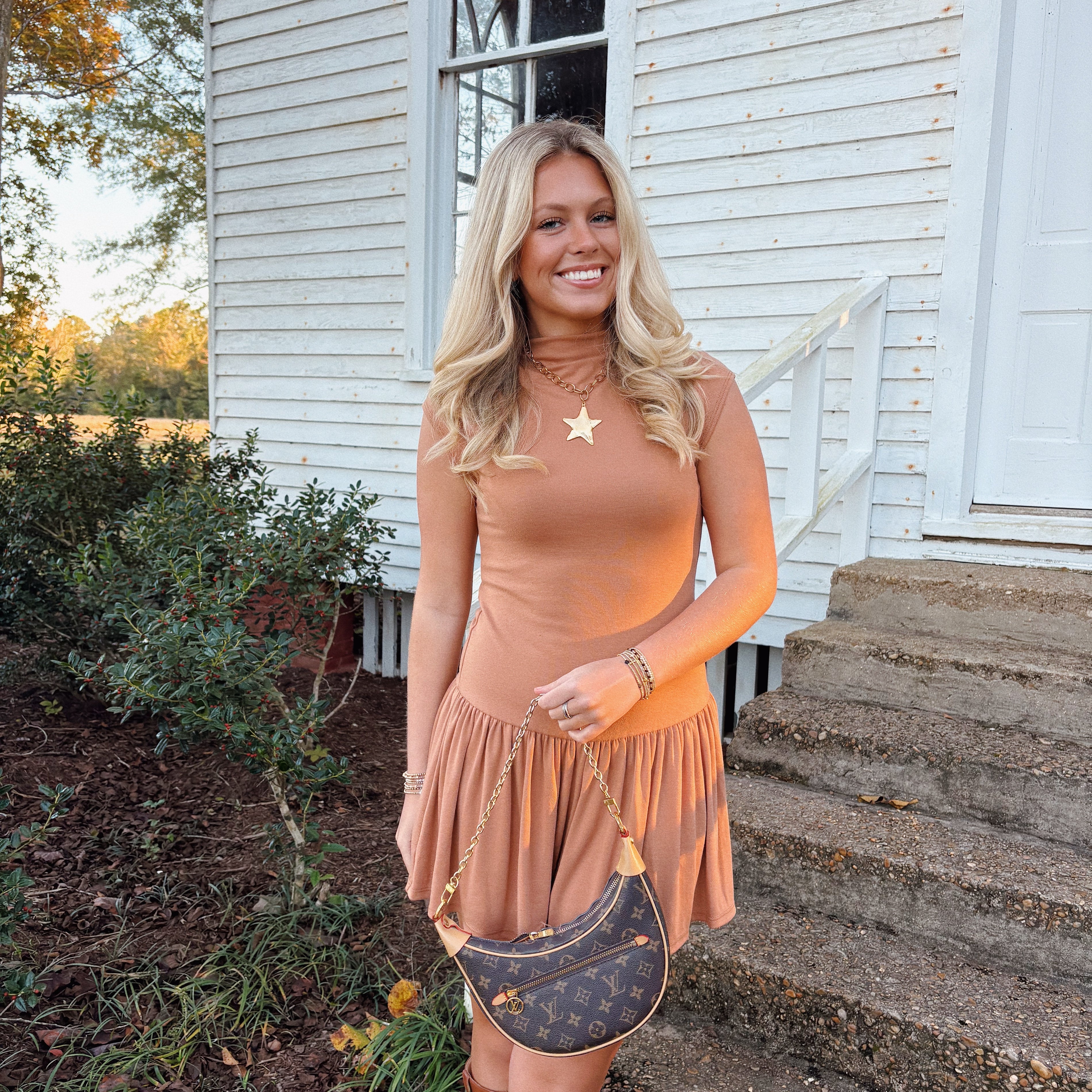 Camel Mockneck Mini Dress