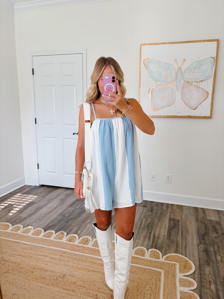 Striped Varsity Romper- Blue and White