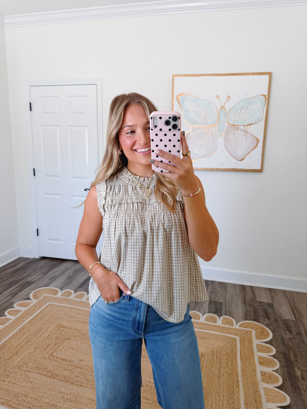 Beige Gingham Ruffle Blouse