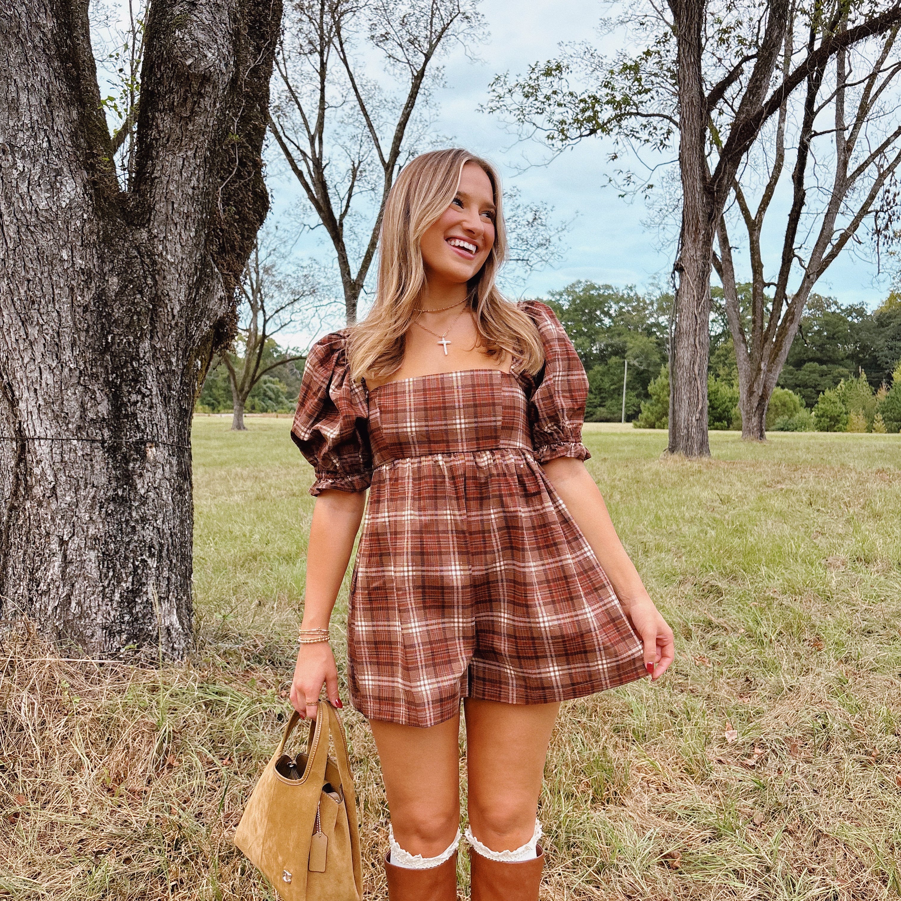 Plaid Puff Sleeve Romper