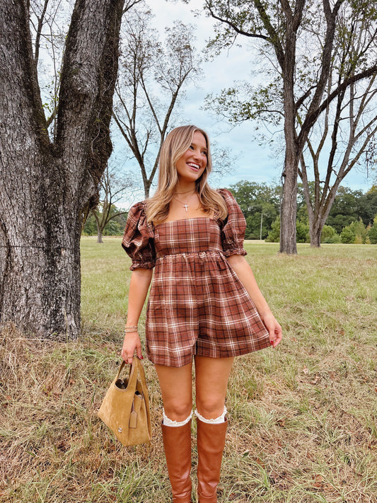 Plaid Puff Sleeve Romper