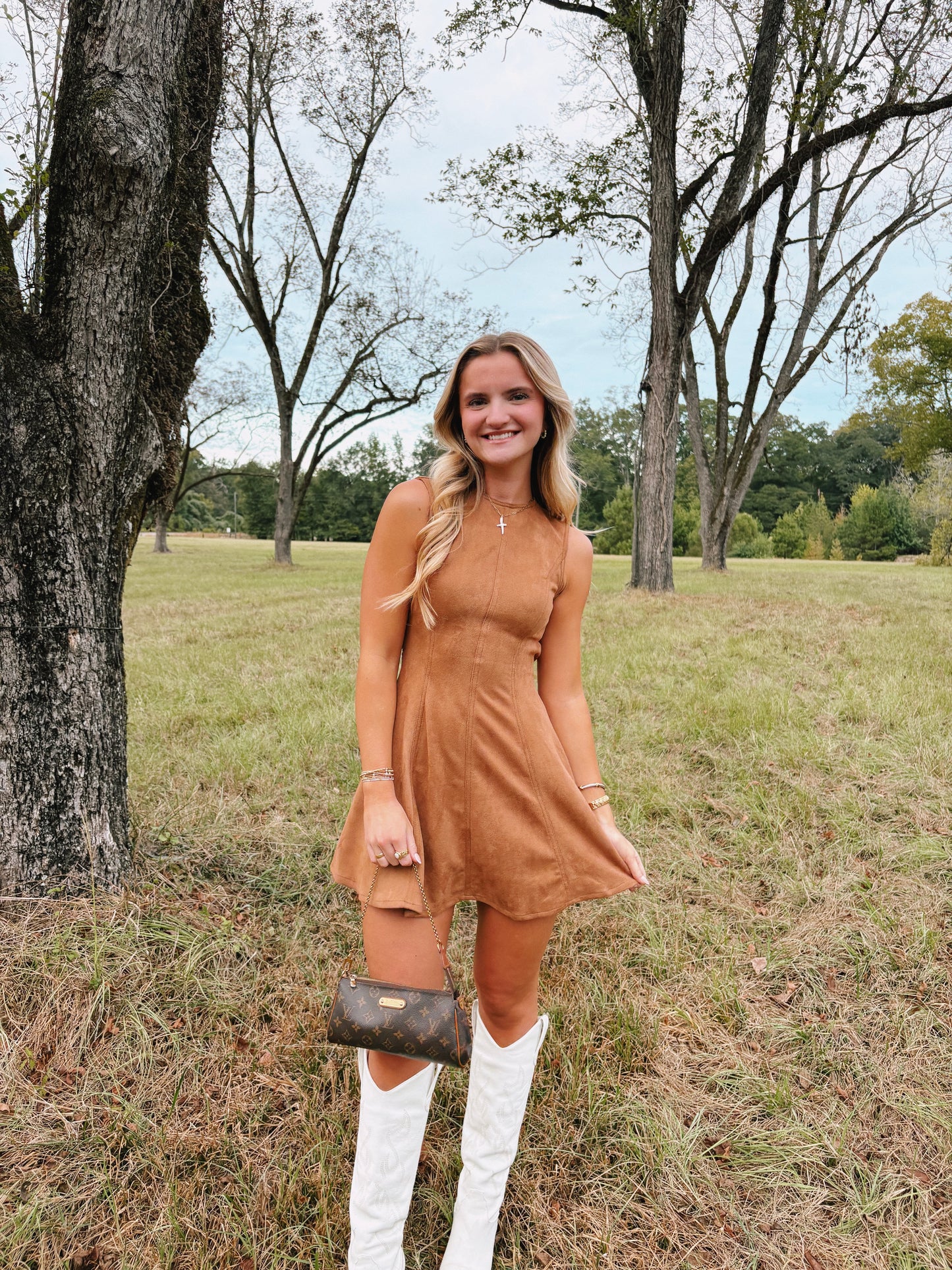 Camel Suede Open Back Dress