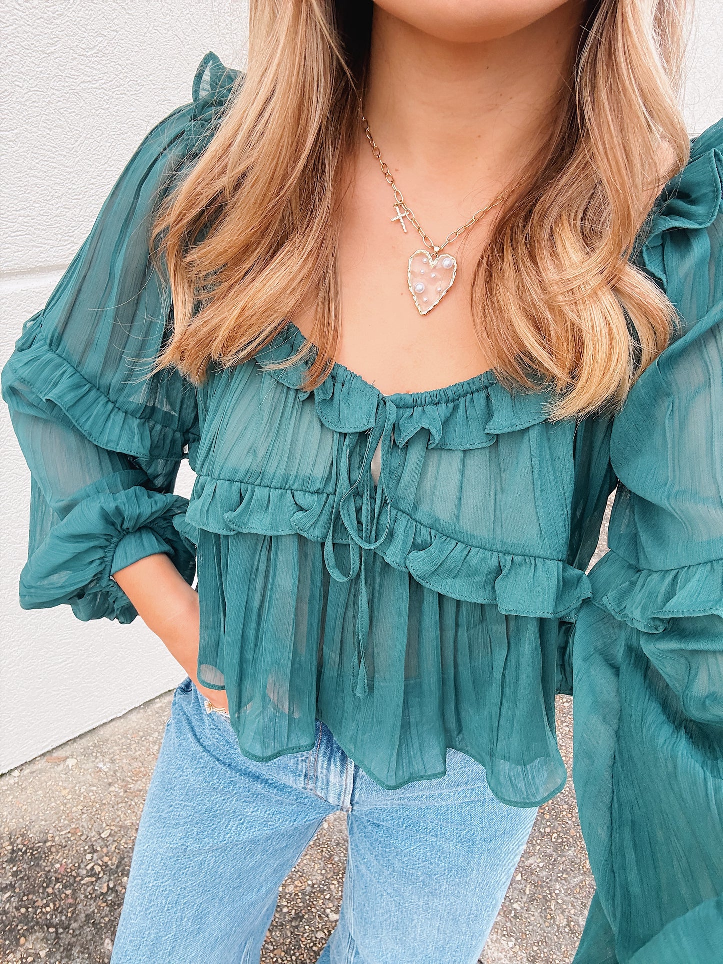 Dark Green Sheer Ruffle Blouse
