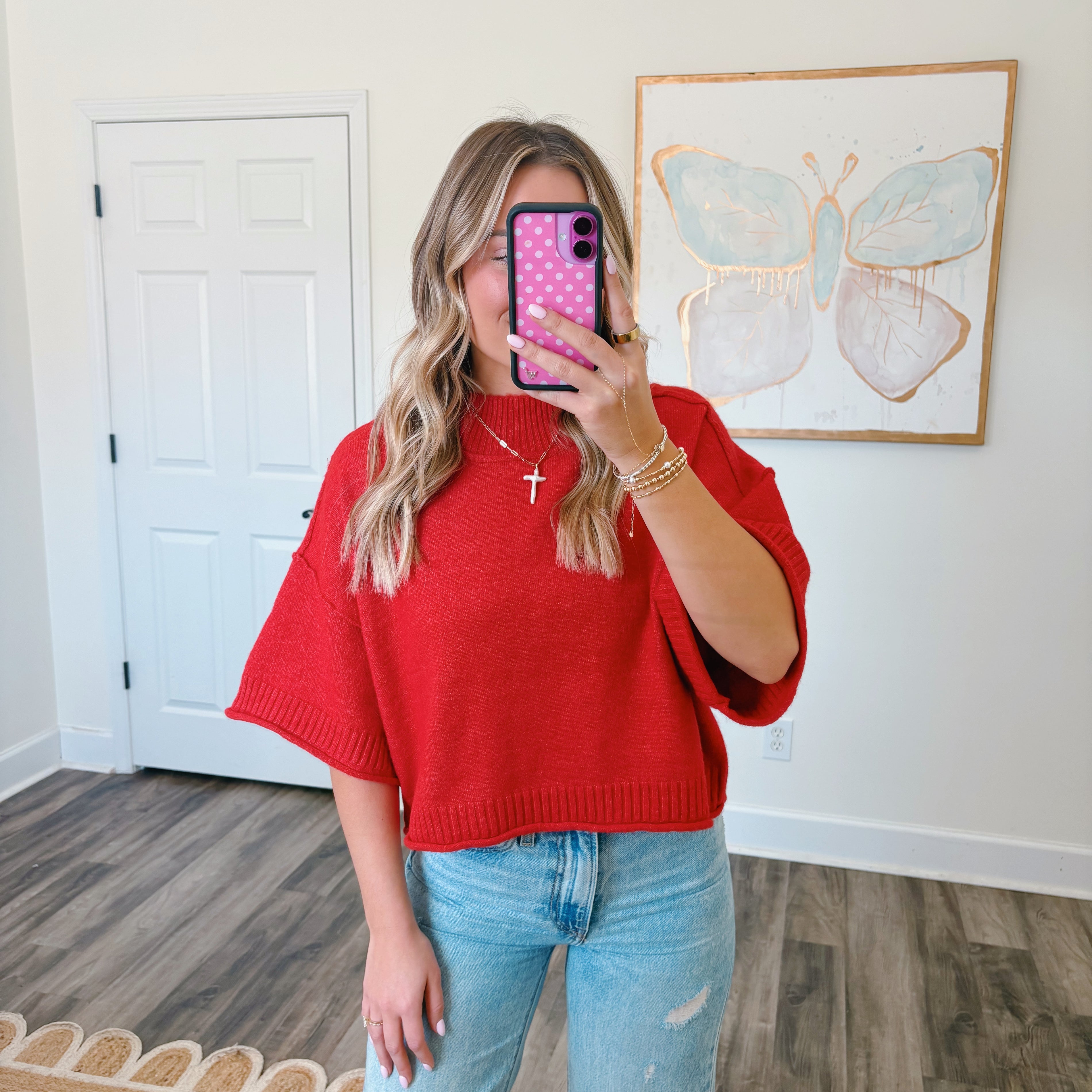 Red Mock Neck Sweater Top